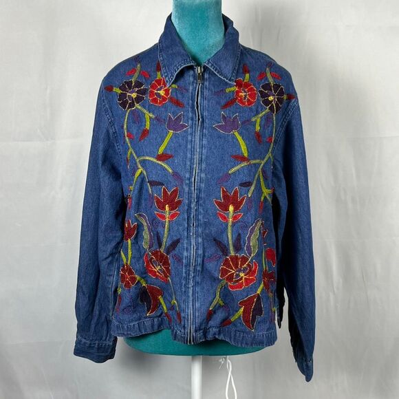 Vintage Tantrums Embroidered Floral lightweight Denim Jacket Large - Picture 1 of 6